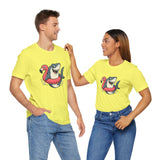 Lime yellow crewneck T-shirt with shark and flamingo float graphic, two models