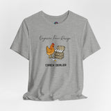 Heather gray T-shirt with chicken and egg graphic, text 