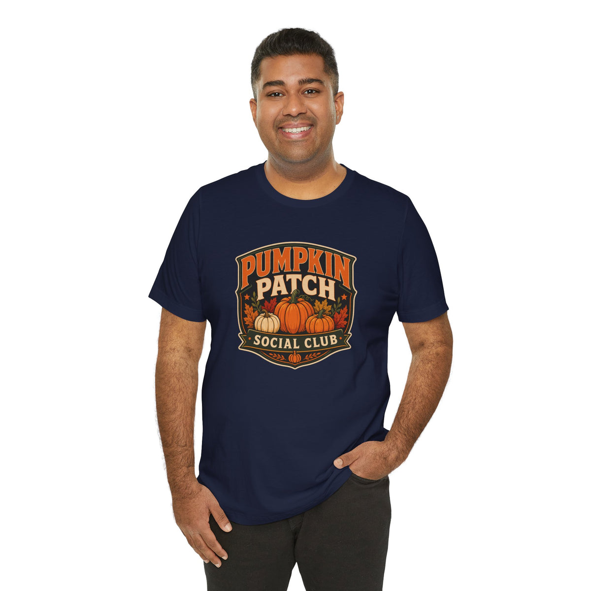 Navy crewneck T-shirt with Pumpkin Patch Social Club graphic on chest