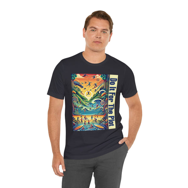 Dark navy crew-neck T-shirt with colorful square front graphic