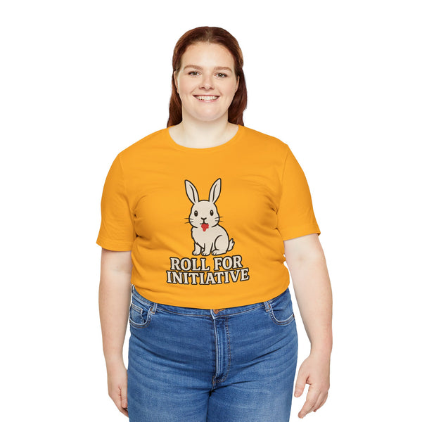 Orange crew-neck T-shirt with bunny illustration and "ROLL FOR INITIATIVE" print