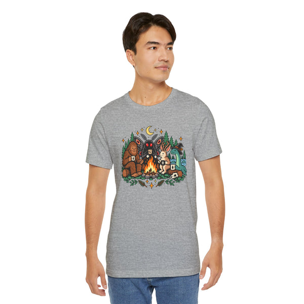 Heather gray T-shirt with colorful cryptid campfire graphic on front