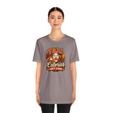 Taupe crewneck T-shirt with Fall Calories Don’t Count autumn food graphic on front