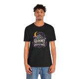 Black T-shirt with front “Gloomy is a Lifestyle Choice” cat under umbrella print