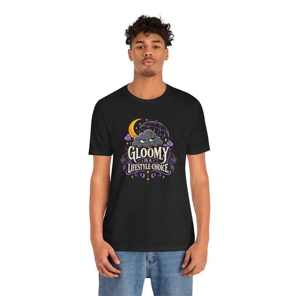 Black T-shirt with front “Gloomy is a Lifestyle Choice” cat under umbrella print