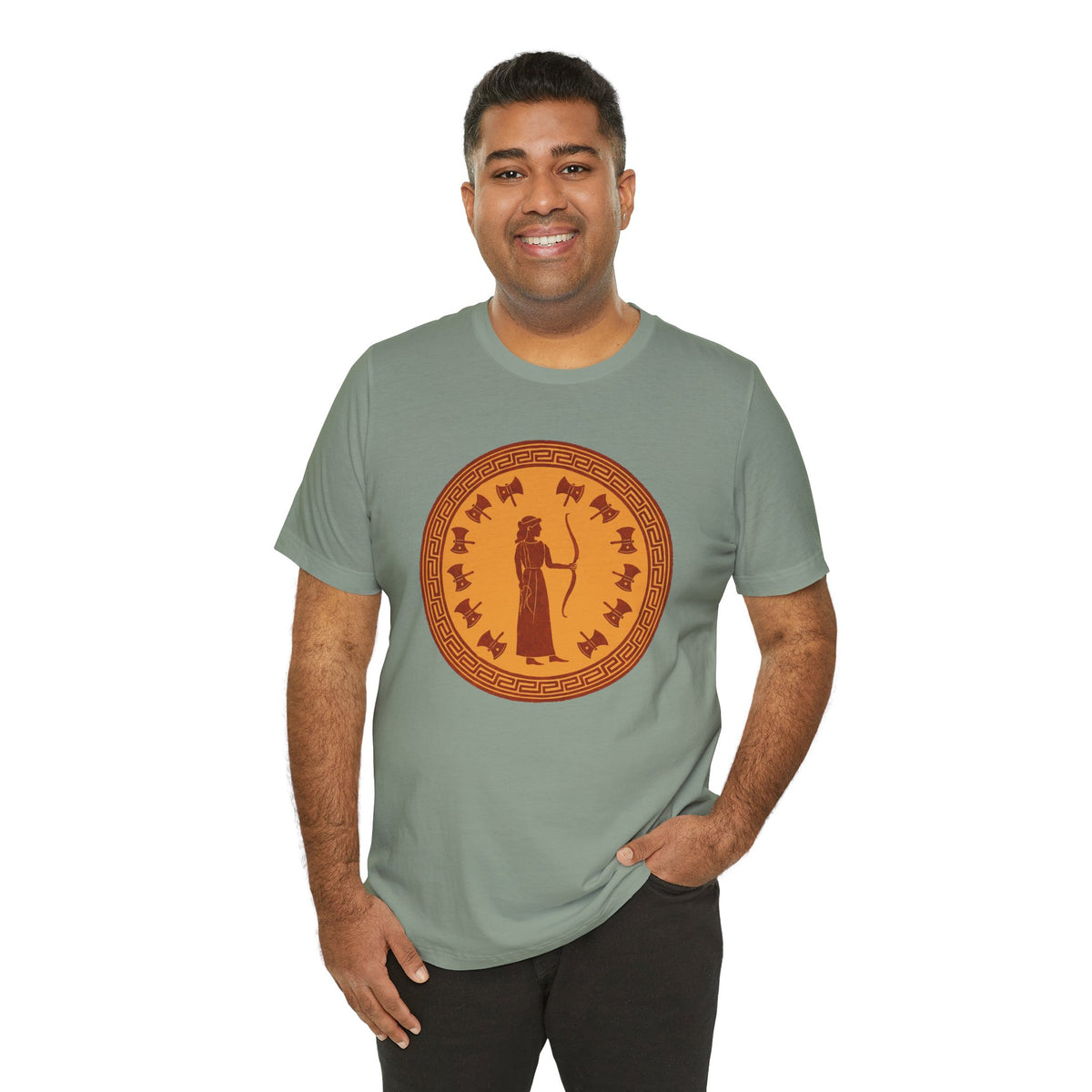 Sage green crewneck T-shirt with circular orange Greek myth scene graphic