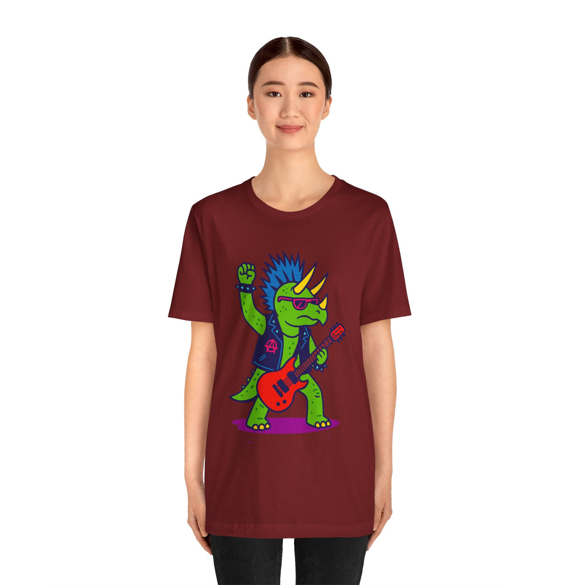 Burgundy graphic dinosaur punk-rocker T-shirt with colorful triceratops and guitar