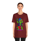 Burgundy graphic dinosaur punk-rocker T-shirt with colorful triceratops and guitar