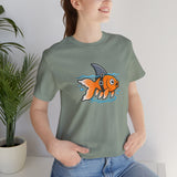 Sage green crew-neck T-shirt with orange fish-and-shark graphic, side view