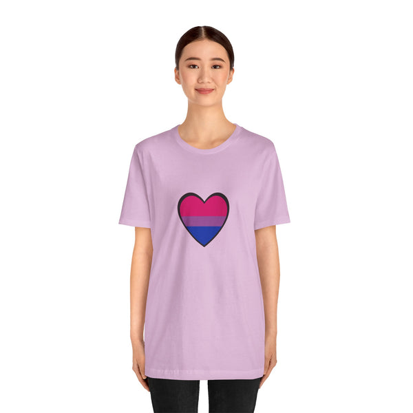 Lavender crew-neck T-shirt featuring a pink and navy heart graphic