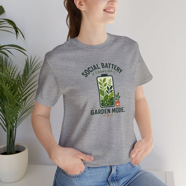 Heather gray crewneck T-shirt with garden mode battery graphic, side torso view