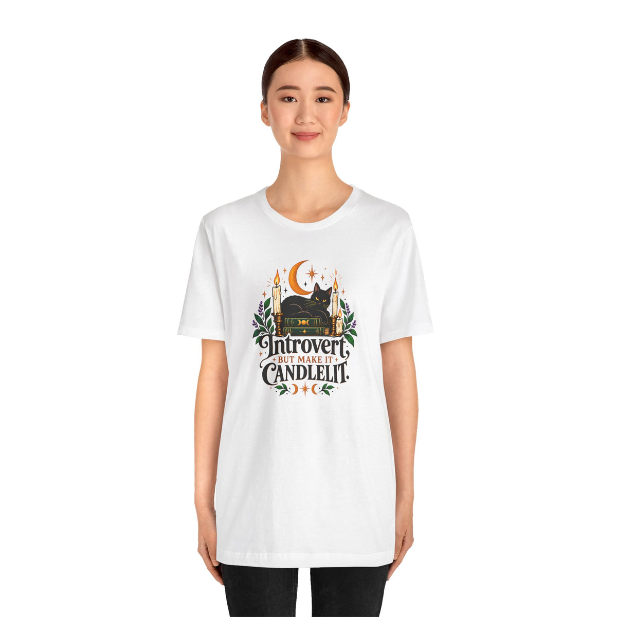 Introvert But Make It Candlelit T-shirt - Witchy Bookish Cat Tee