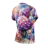 Women's watercolor hydrangea t-shirt back view with purple crew neck and all-over print