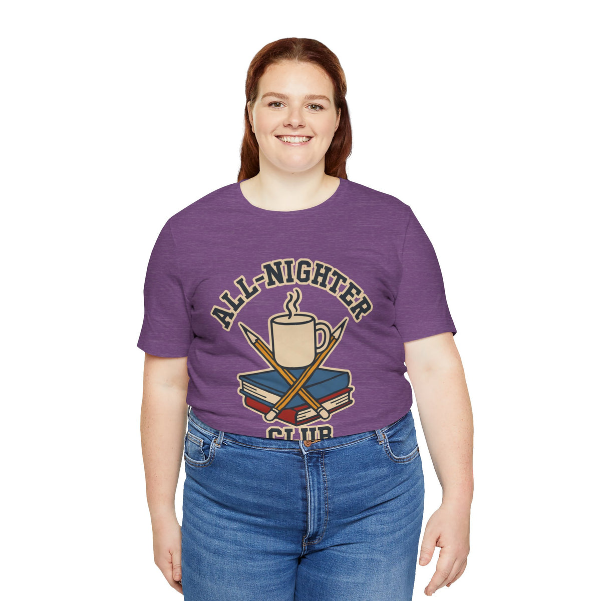 Purple crew-neck t-shirt on model with 'All-Nighter Club' coffee and books logo