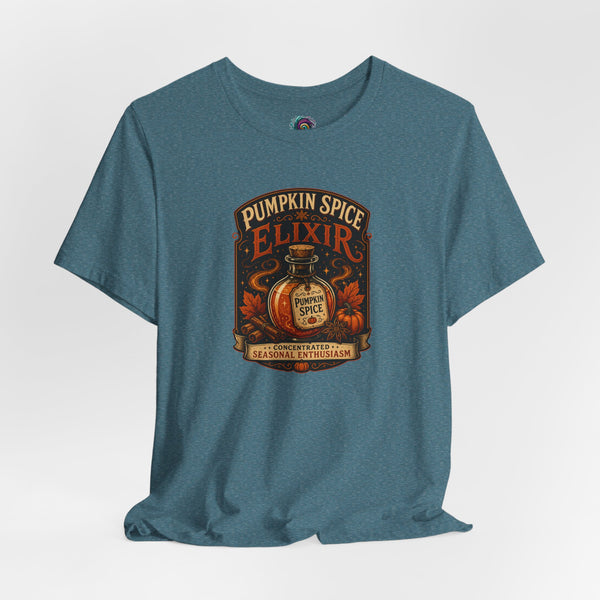 Heather deep teal crew-neck T-shirt with Pumpkin Spice Elixir pumpkin coffee graphic