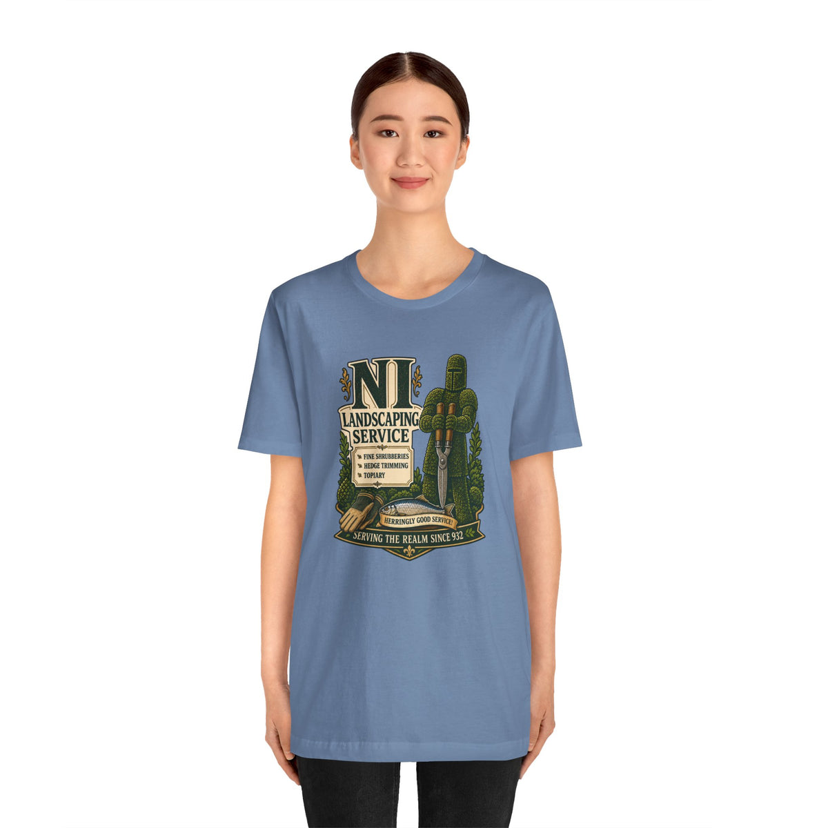 Light blue crewneck T-shirt with “NI Landscaping Service” graphic, worn by model full body.
