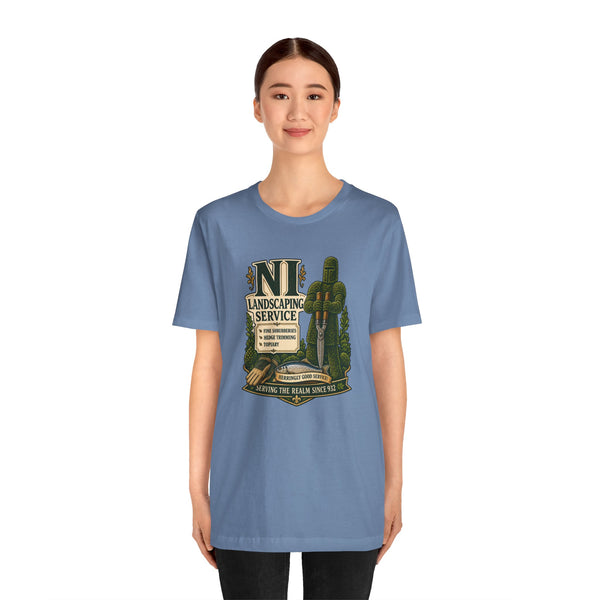 Light blue crewneck T-shirt with “NI Landscaping Service” graphic, worn by model full body.