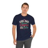 Navy crewneck short-sleeve T-shirt featuring “Girl Dad Braids Bows & Big Feelings” design