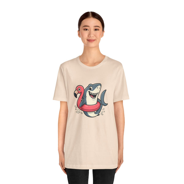Cream crew-neck t-shirt with shark and flamingo graphic, front view on model