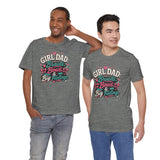 Set of two heather gray crewneck T-shirts with “GIRL DAD: Braids, Bows & Big Feelings” graphics
