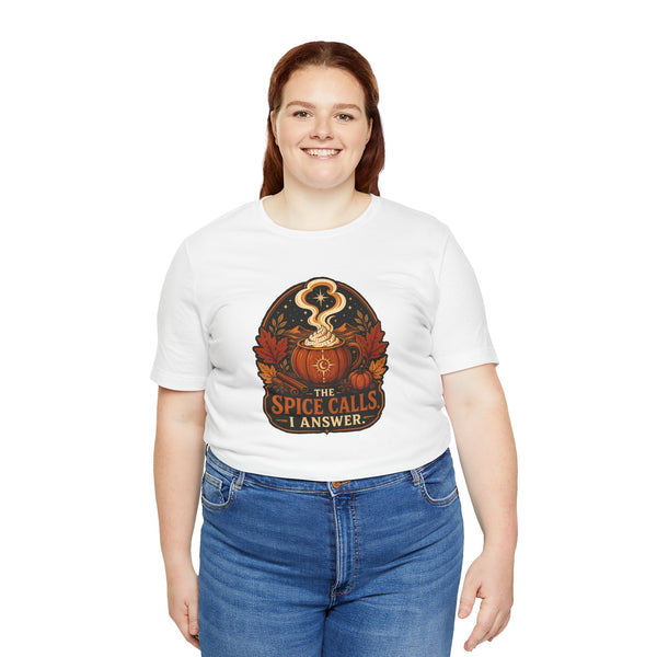 White crew-neck T-shirt with pumpkin-spice cauldron graphic, front