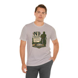 Heather gray crew-neck t-shirt with green cactus and shrubbery service emblem graphic
