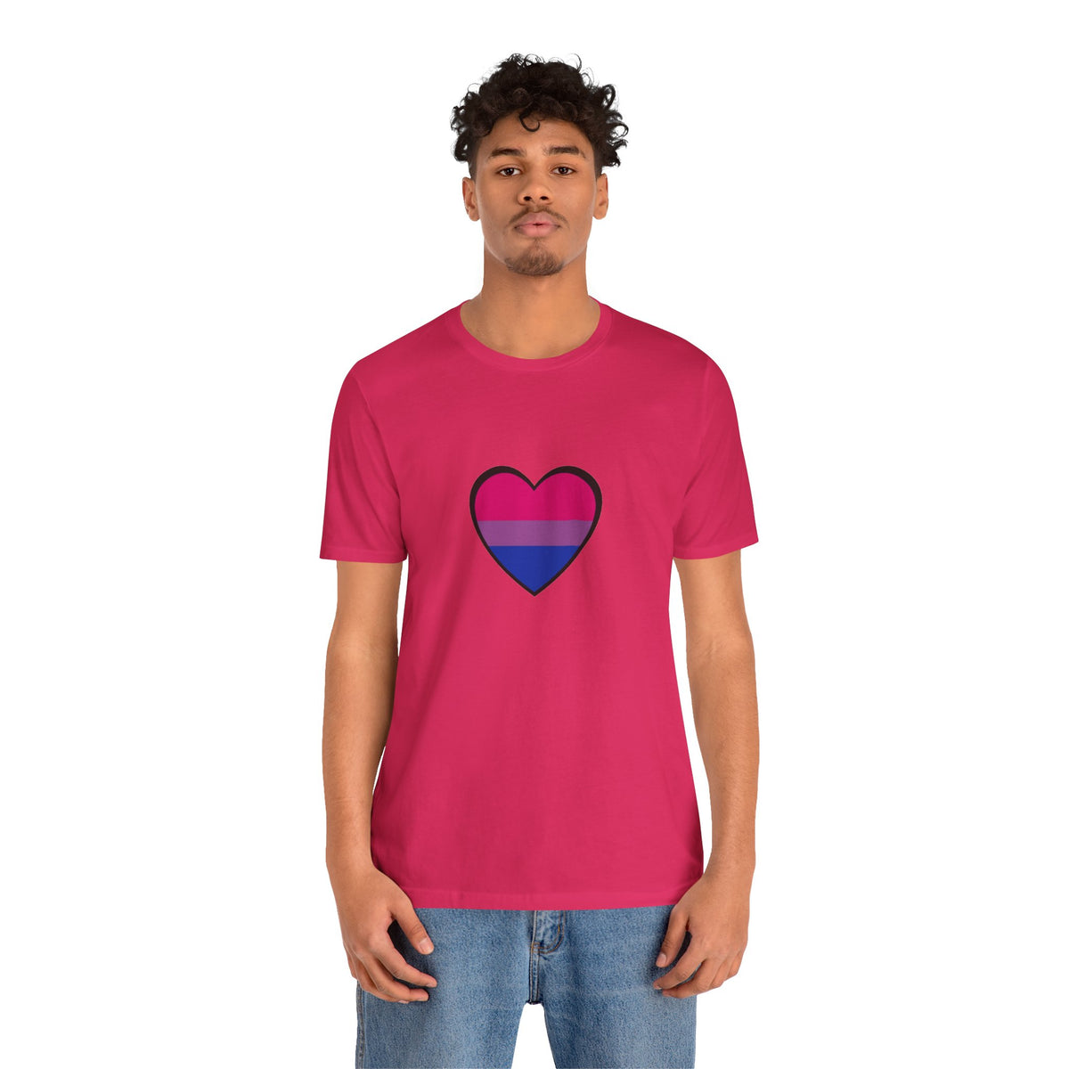 Fuchsia/pink crew-neck T-shirt featuring a black heart Pride flag graphic