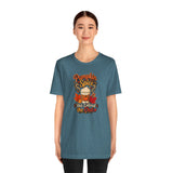 Heather teal crew-neck T-shirt with pumpkin spice coffee graphic and fall lettering, front view