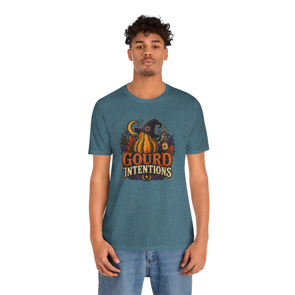 Heather deep teal crewneck t-shirt with front “Gourd Intentions” pumpkin graphic