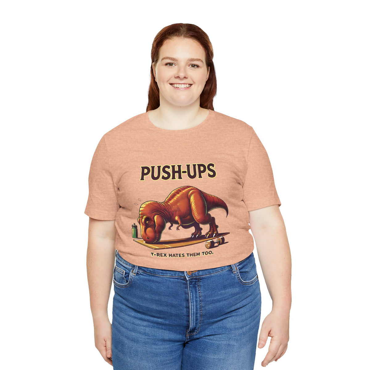 Beige crewneck T-shirt with 'PUSH-UPS' T-rex workout graphic, front view