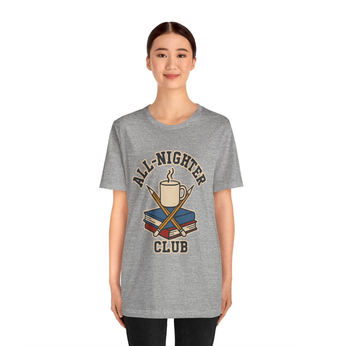 Heather gray crewneck T-shirt with All-Nighter Club coffee graphic on front