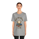 Heather gray crewneck T-shirt with All-Nighter Club coffee graphic on front