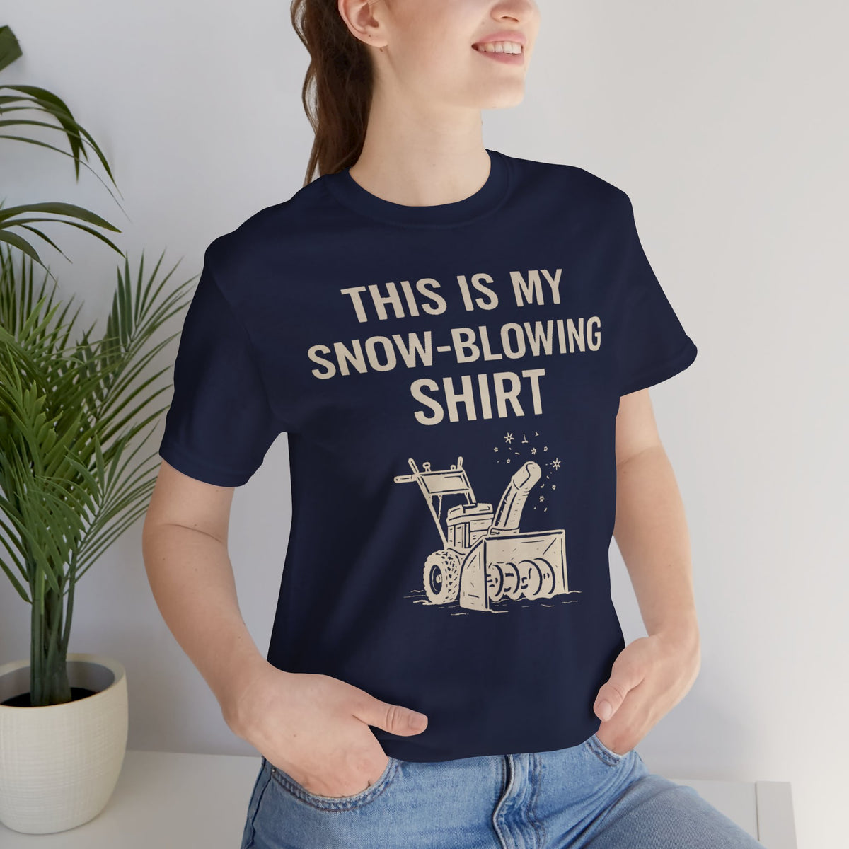 Navy snow-blowing slogan T-shirt with “THIS IS MY SNOW-BLOWING SHIRT” front print