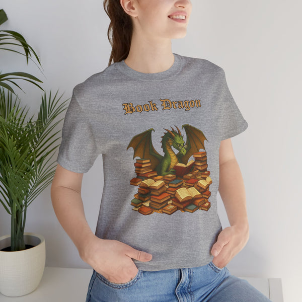 Heather gray crewneck T-shirt with Book Dragon graphic on the chest
