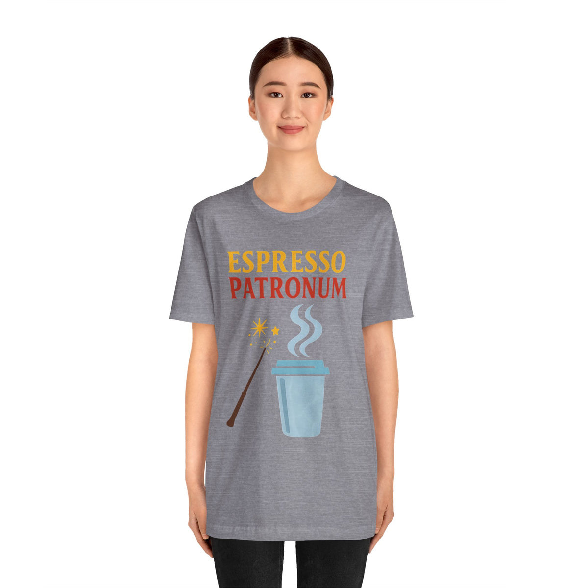 Heather gray t-shirt with “ESPRESSO PATRONUM” print and coffee cup graphic