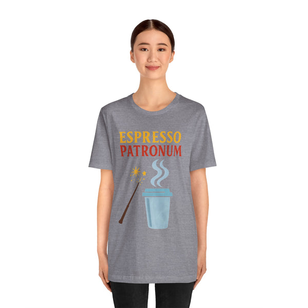 Heather gray t-shirt with “ESPRESSO PATRONUM” print and coffee cup graphic