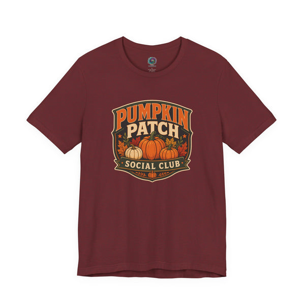 Maroon crew-neck T-shirt with “Pumpkin Patch Social Club” pumpkin graphic chest print