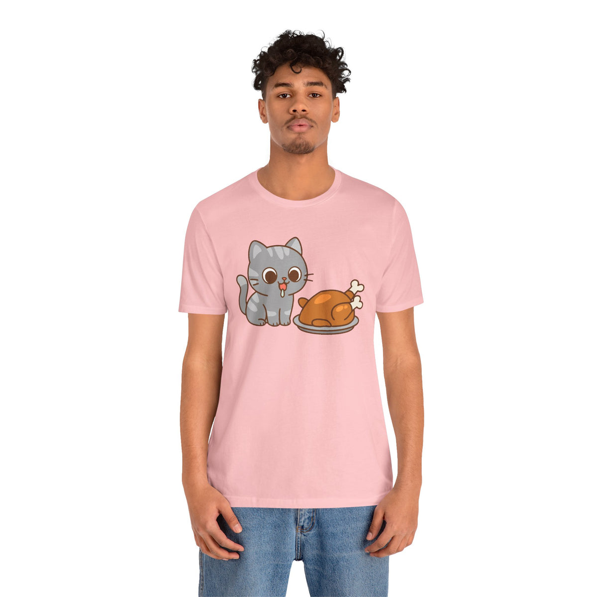 Pink crew-neck T-shirt with gray cat and brown roast graphic on front.
