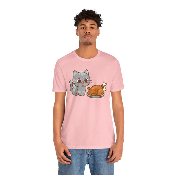 Pink crew-neck T-shirt with gray cat and brown roast graphic on front.