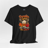 Black crewneck T-shirt with Pumpkin Spice fall coffee graphic
