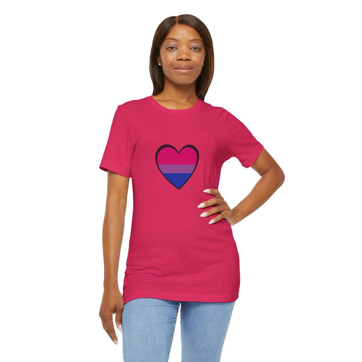 Pink crew-neck T-shirt with bisexual pride heart graphic in blue and pink stripes