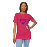 Pink crew-neck T-shirt with bisexual pride heart graphic in blue and pink stripes