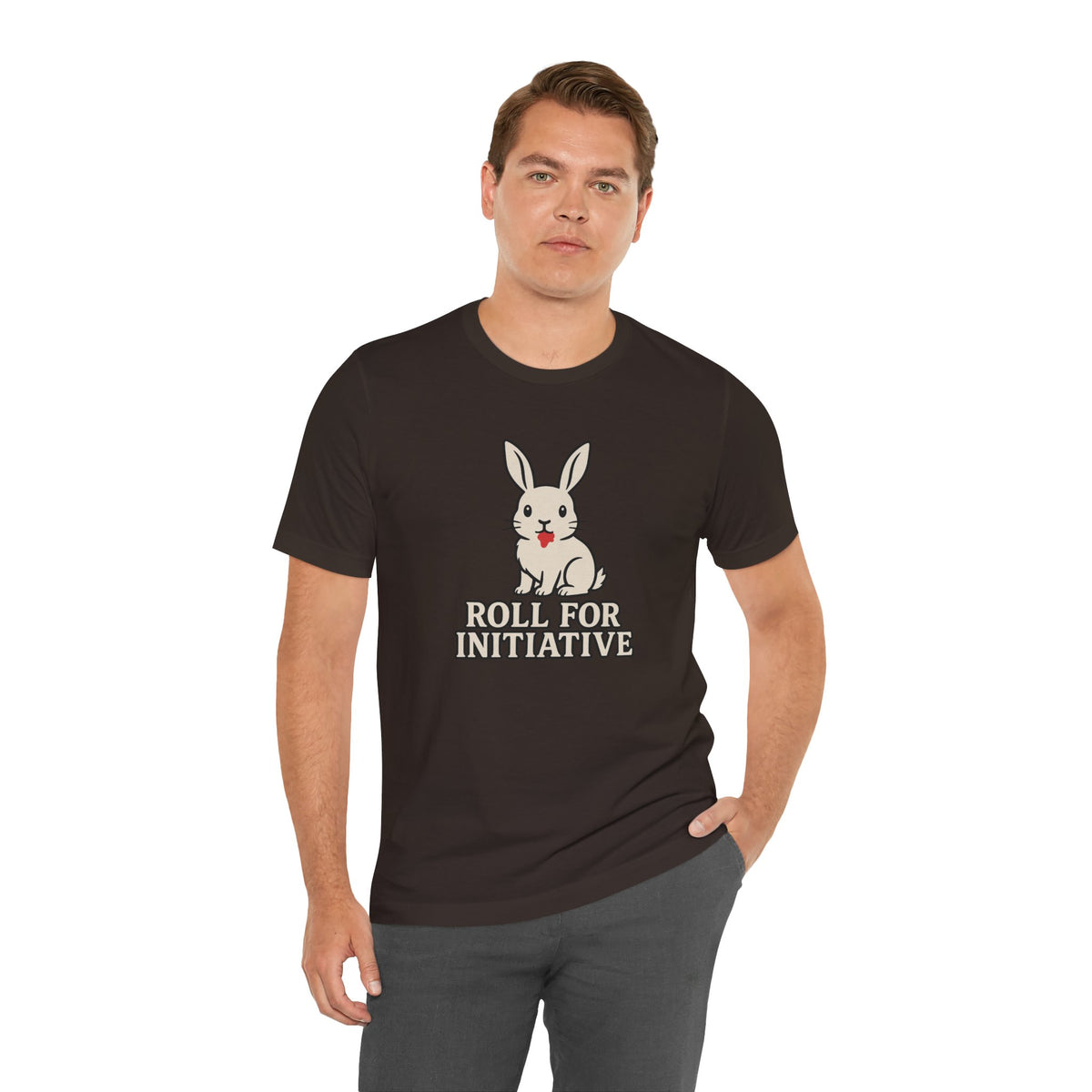 Black crew-neck T-shirt with rabbit graphic and "Roll for Initiative" text, side stance