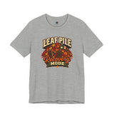 Leaf pile graphic recovery mode T-shirt in heather gray with fall leaves front print