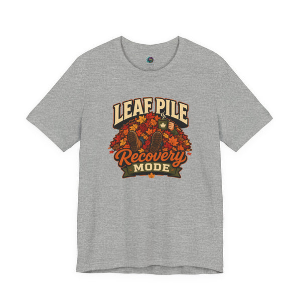 Leaf pile graphic recovery mode T-shirt in heather gray with fall leaves front print