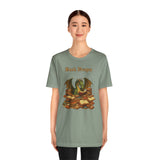 Sage green crewneck t-shirt with dragon and books graphic, full front view