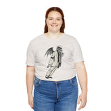 White crew-neck T-shirt with black graphic print on the front