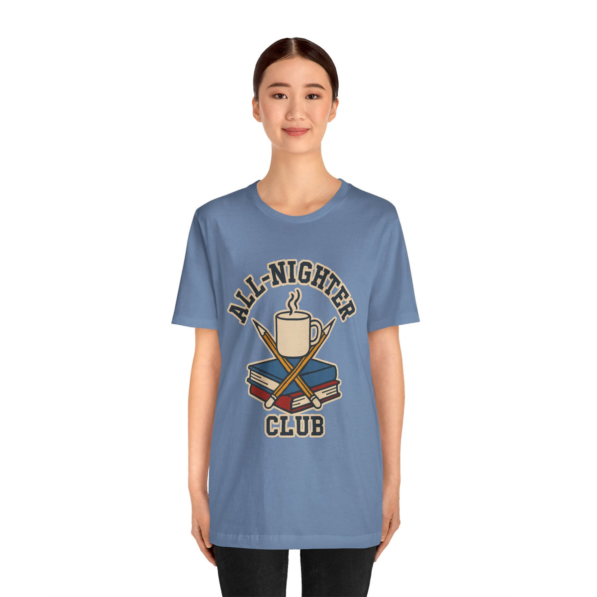 Blue crew-neck T-shirt featuring “All-Nighter Club” coffee-and-books graphic