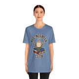 Blue crew-neck T-shirt featuring “All-Nighter Club” coffee-and-books graphic