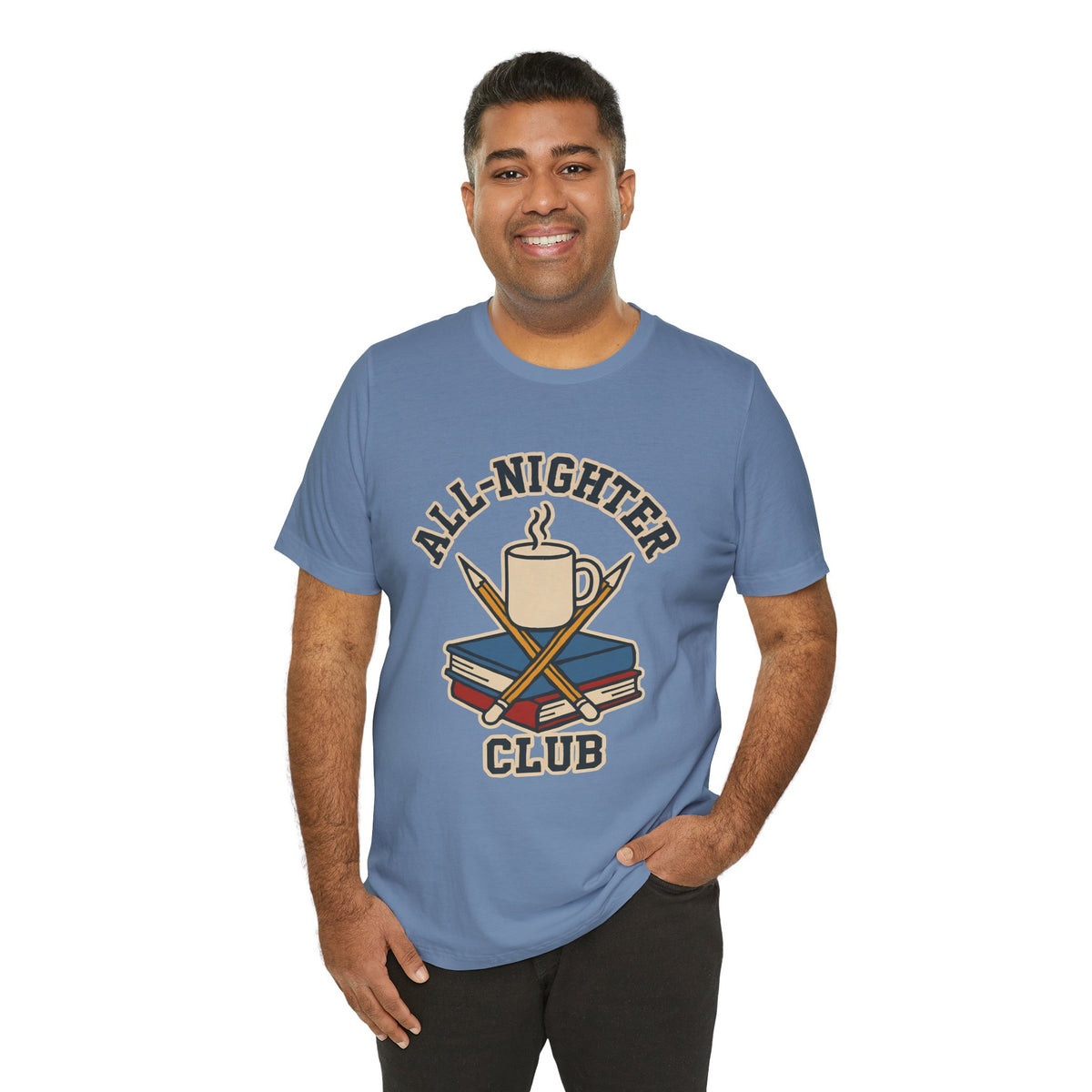 Blue crew-neck T-shirt featuring “All-Nighter Club” coffee-and-books graphic